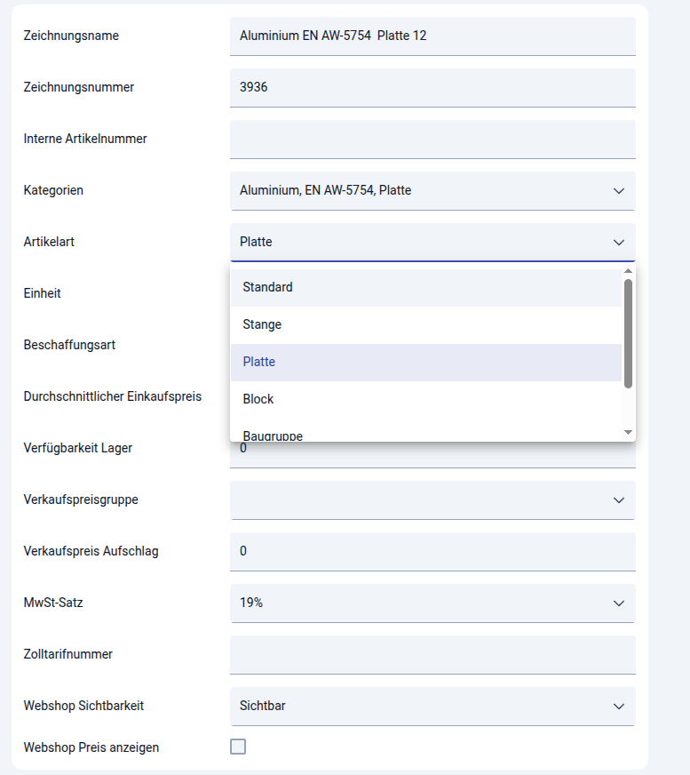 Article master data with type selection and web shop integration