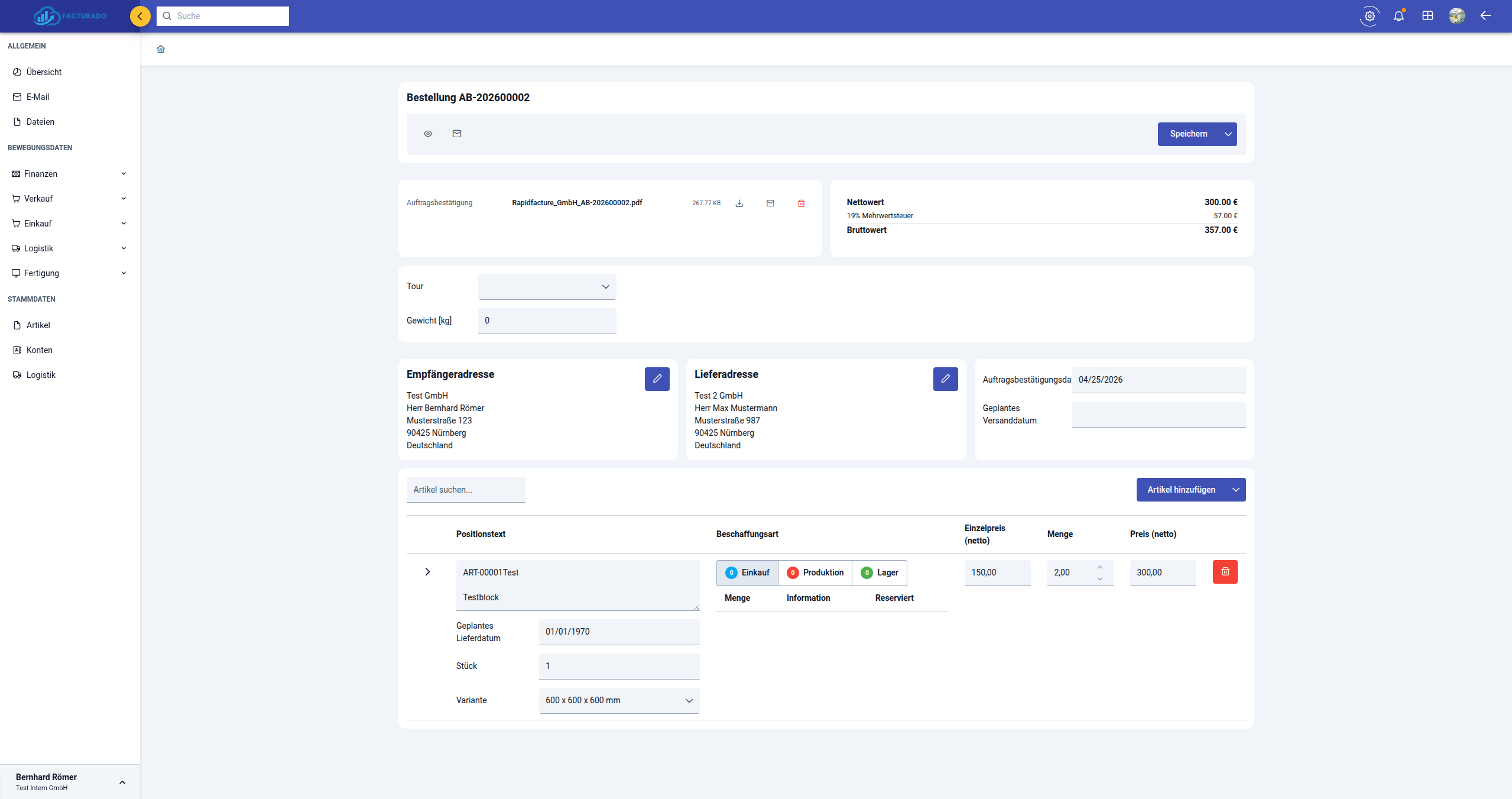 Order detail with full ERP navigation